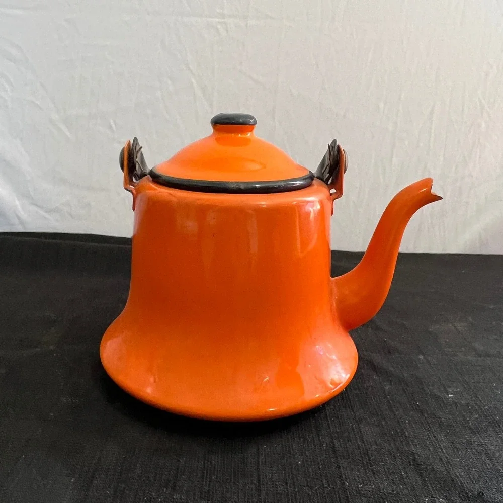 Vintage JCP Japan Orange Enamel‎ Tea Kettle Mid Century Modern Retro Bell Bottom